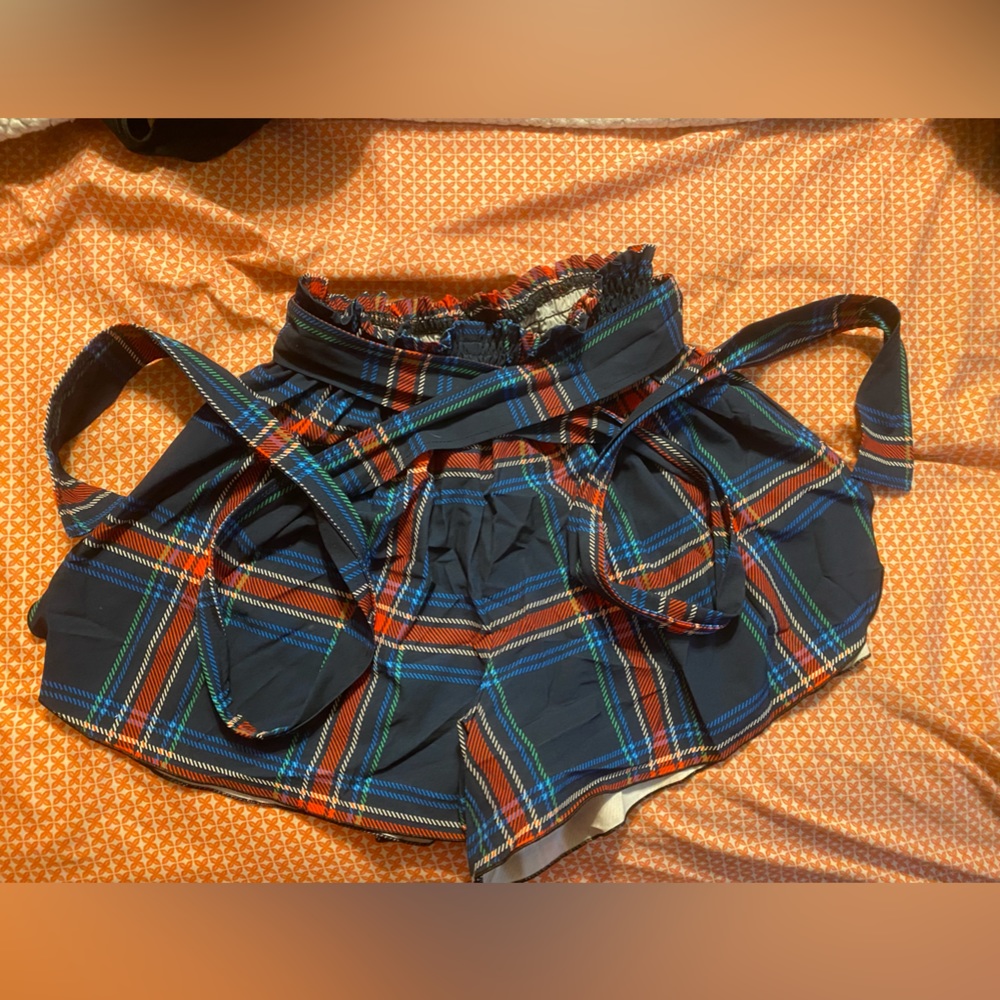 Blackmilk clothing TARTAN NAVY FLOUNCY SHORTS
